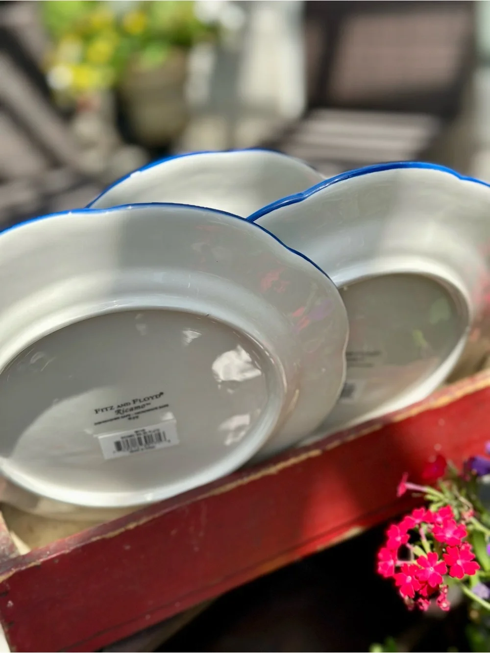 Fitz and Floyd Ricamo Rooster Salad Plates Set of 3 Blue Rim 9 inch